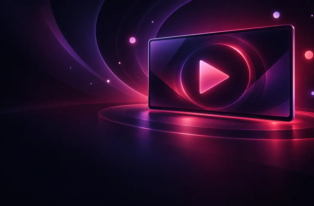 Purple and ruby entertainment screen with illuminated play symbol