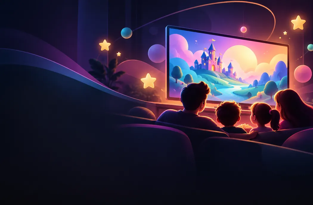 Family watching a colourful original animated fantasy on television