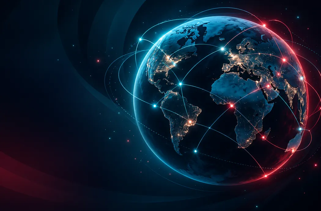 Connected globe at night with illuminated international communication routes