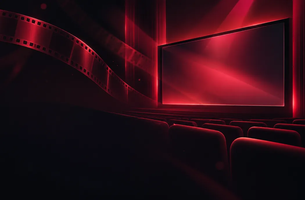 Luxury red-lit cinema auditorium, big screen and film-reel motif