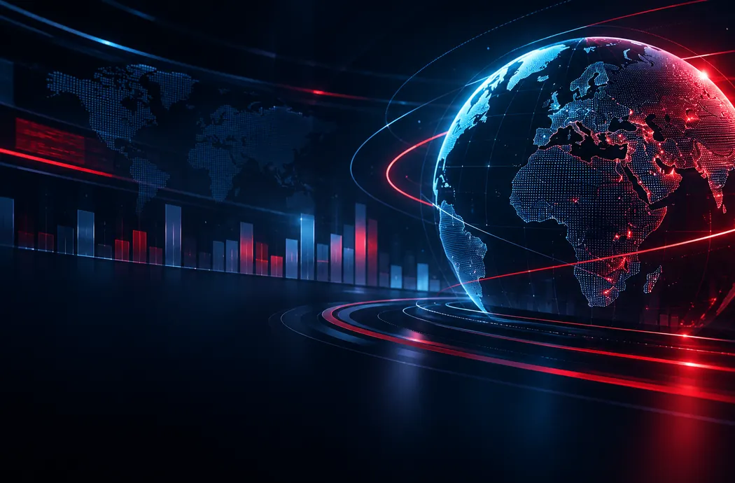 Digital world news broadcast studio with a glowing globe and news graphics