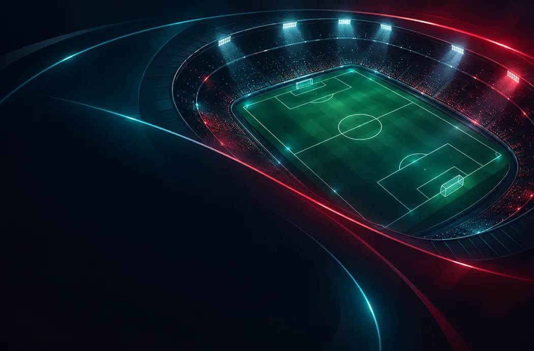 Floodlit football stadium at night with a dramatic teal and crimson atmosphere