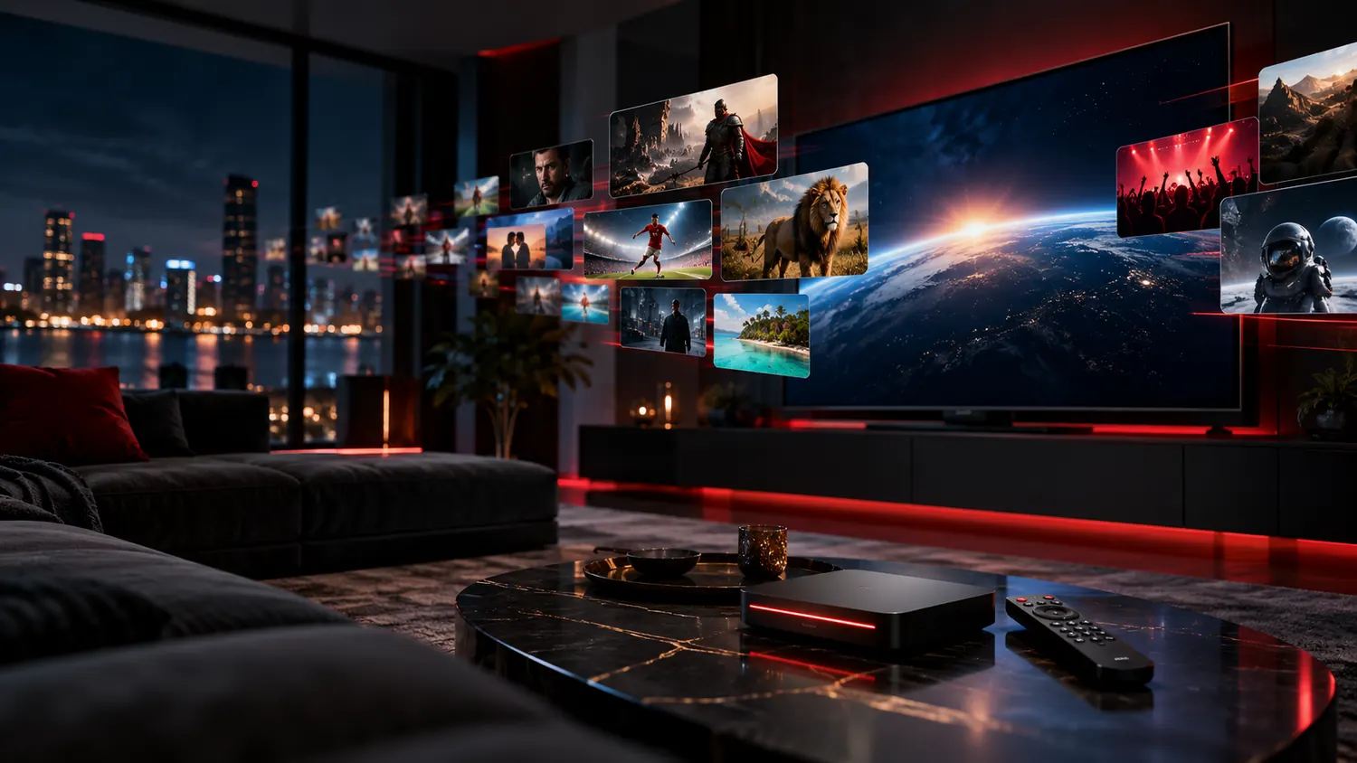 A cinematic television setup displaying original fictional streaming artwork