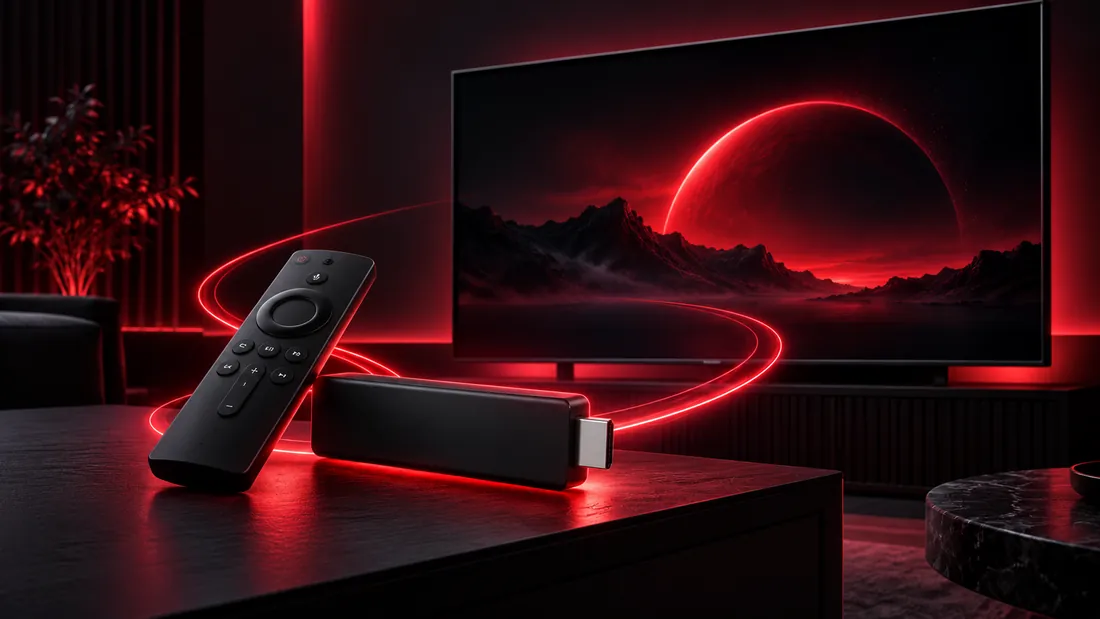 Streaming stick and remote beside a television, representing streaming-device setup