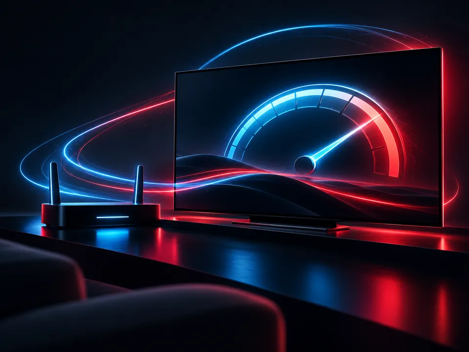 Broadband router and illuminated speed gauge on a television