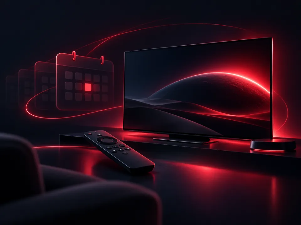 Television, streaming remote and monthly calendar in a sophisticated red-lit room