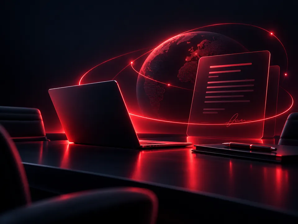 Business laptop and contract graphic with international network illustration