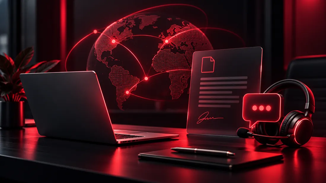 Customer support headset, message bubble and office workstation